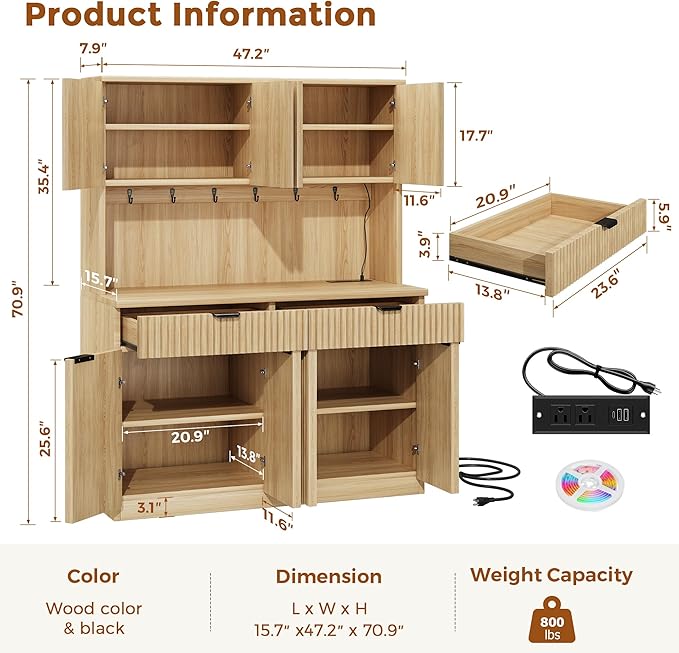 Fluted Kitchen Pantry Storage Cabinet with Charging Station/LED Light/Doors/Shelves, 71'' Tall Kitchen Food Hutch with Microwave Stand for Dining Room Living Room (Natural, 47 * 15.7 * 71)