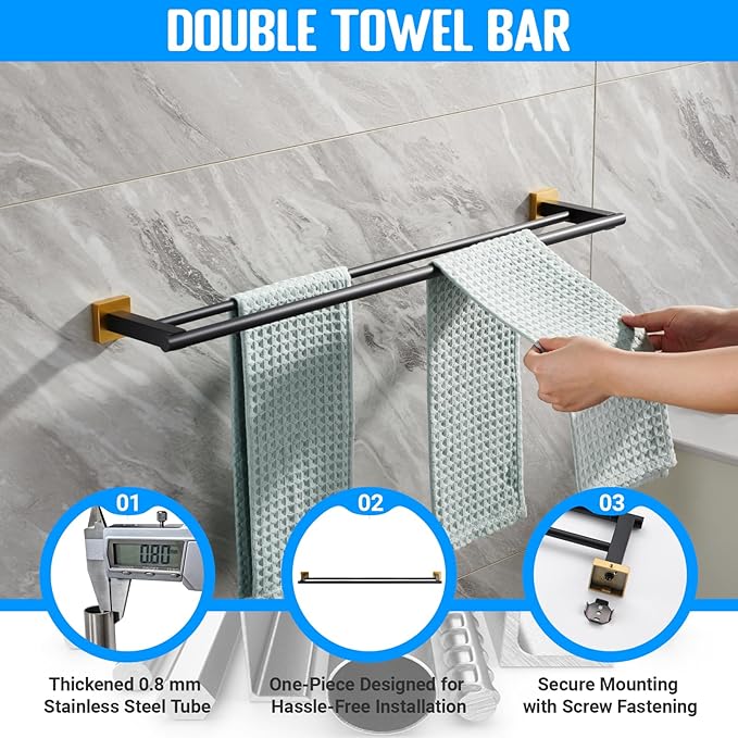 Miyili 5-Piece SUS304 Stainless Steel Bathroom Hardware Kit - Incould 30" Double Towel Bar, 5" Toilet Paper Holder, Towel Ring, 2 x Robe Hooks, Bathroom Accessories Set Wall Mount, Matte Black & Gold