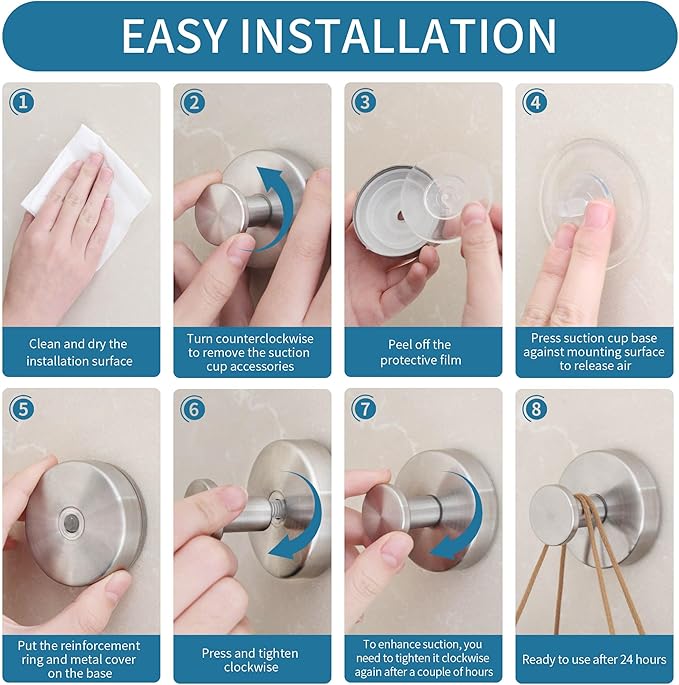 Deluwire Suction Cup Hooks for Shower, Shower Hooks for Bath Robe, Mirror, Tile, Window Glass, Towel Hooks Removable for Bathroom Wall, 3 Packs-Silver