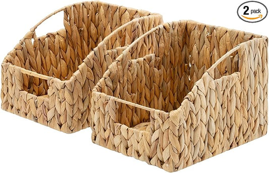 GRANNY SAYS Wicker Storage Baskets for Shelves, Trapezoid Woven Basket with Handles, Storage Wicker Baskets for Pantry, Water Hyacinth, 2-Pack