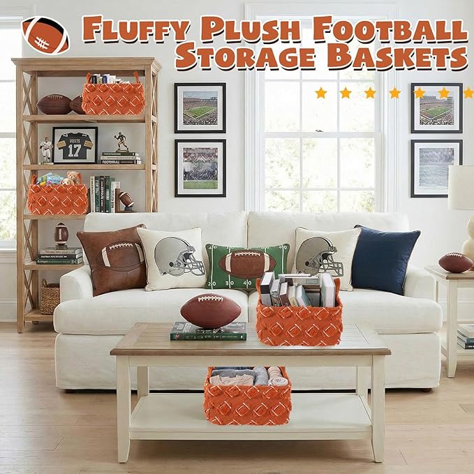 2 Pcs Brown Football Storage Baskets 14x10 Inch Easter Basket Sport Theme Room Decor Laundry Foldable Fluffy Storage Bin with Handle Closet Organizer for Countertop Tabletop Car