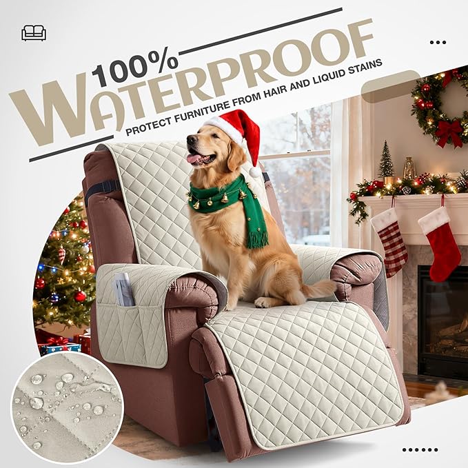 KinCam 100% Waterproof Recliner Chair Cover, Reclining Couch Covers for Pets, Dogs, Recliner Couch Slipcover Furniture Protector with Elastic Straps for Kids(23.6", Ivory)
