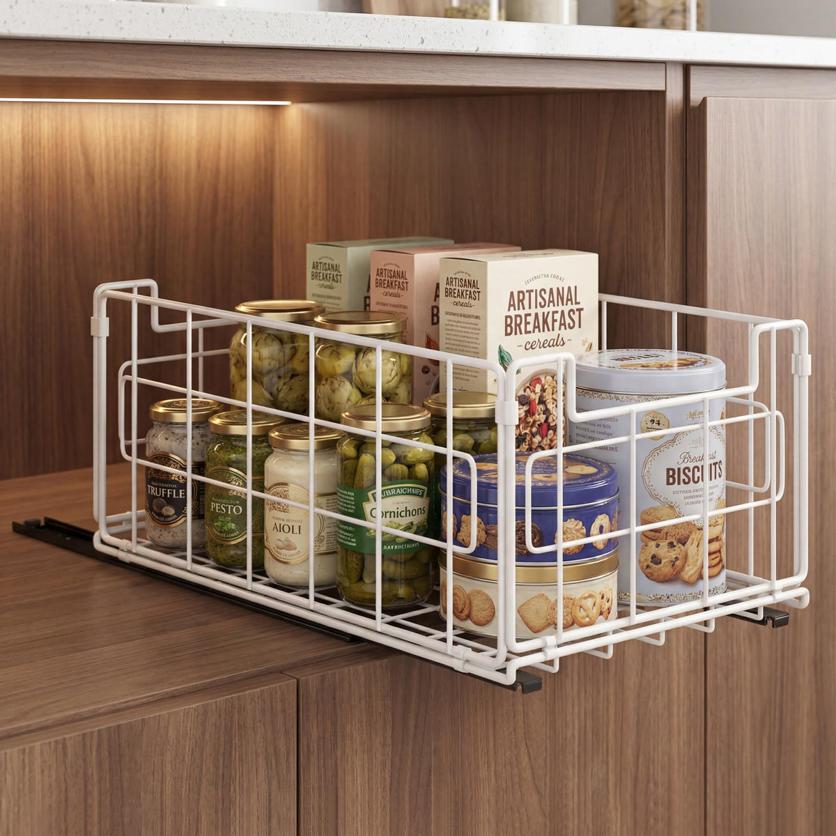 Pull Out Cabinet Sliding Basket Organizer, No Drill, White - Image 1
