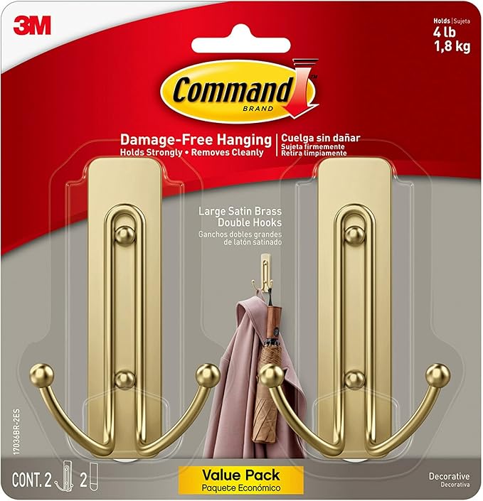 Command Bath Shower Small Water-Resistant Adhesive, Satin Nickel, 1 lb Capacity, 1 Squeegee & Large Wall Hooks, Damage Free Hanging Wall Hooks with Adhesive Strips, No Tools Double Wall Hooks