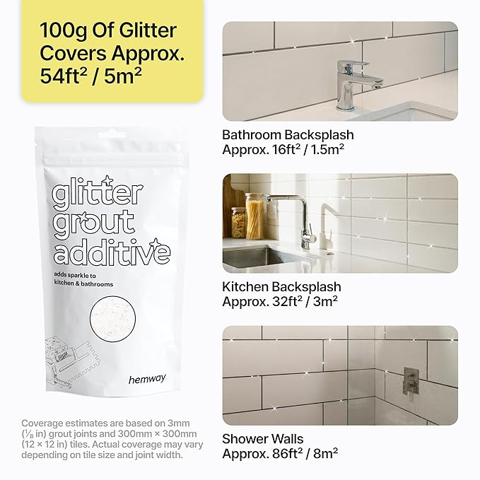 Hemway White Iridescent Glitter Grout Additive 100g Metallic Flakes for Adding Sparkle to Kitchen & Bathroom Tiles | Enhance Your Indoor Grouting Projects with a Durable Sparkly Effect