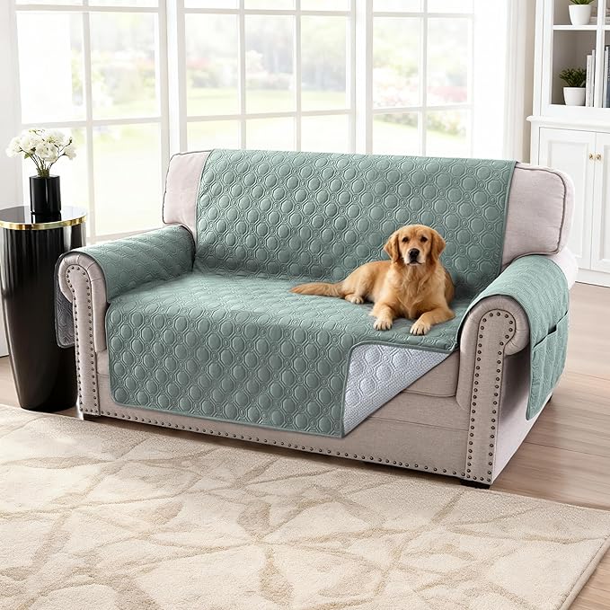 H.VERSAILTEX 100% Waterproof Loveseat Covers for 2 Cushion Couch Thick Durable Couch Covers Triple Nonslip Furniture Protector for Dogs, Children, Pets, Machine Washable (Loveseat, Lily Pad)