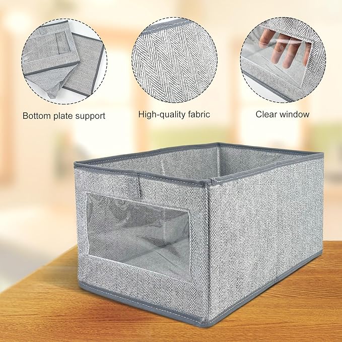 6 Pieces Linen Closet Storage Bins with Clear Window, Shelf Basket Closet Clothes Organizer Storage Containers for Organizing Shelves Wardrobe Office Clothing Books