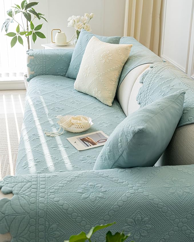 Cotton Quilted Dog Couch Cover for Sofa Farmhouse Rustic Embroidery Sectional Couch Cover Soft Anti-Slip Sofa Slipcover Furniture Protector for Kids, Pets (Blue,28"x35")