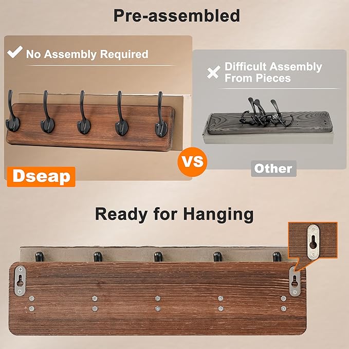 Dseap Coat Rack Wall: Patented, Heavy-Duty, 5-Double-Hooks Wooden Wall Mounted Coat Rack Coat Hanger Hook Rail for Winter Coats Hat Jacket Clothing, Light Brown, Pack of 2