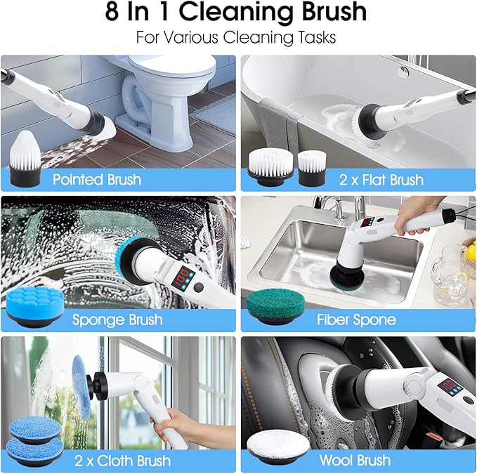 Electric Spin Scrubber Shower Scrubber with Long Handle & 3 Speeds, Rechargeable Cordless Power Scrubber Spin Brush for Cleaning Bathroom, Tub, Floor, Tile（Black-Beige