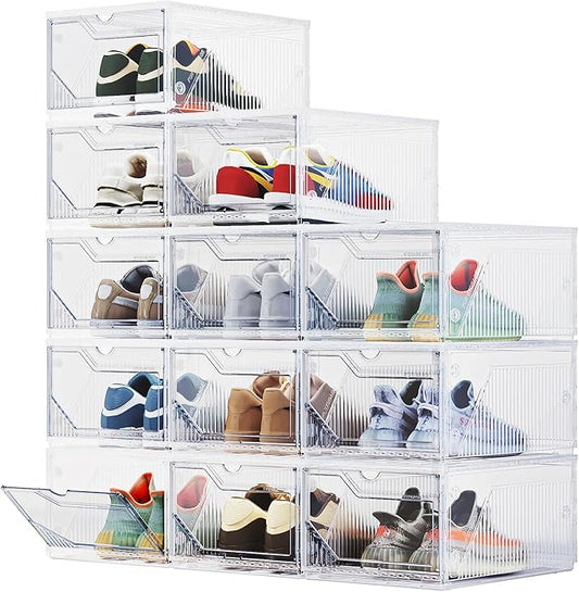 XX-Large Shoe Sneaker Storage Boxes for Size 14, Stackable & Thicken Clear Plastic Shoe Organizers 12 Packs for Entryway Closet Under Bed, Shoe Storage Cabinets Container Display Case w/ Magnetic Door