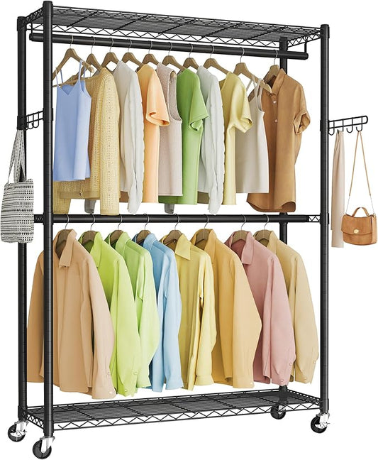 SONGMICS Heavy-Duty Rolling Clothes Rack, Garment Rack, Portable Closet on Wheels, with Adjustable Mesh Shelves and Hanging Rails, Hooks, 15.8 x 43.3 x 78.3 Inches, Ink Black ULGR417BH01