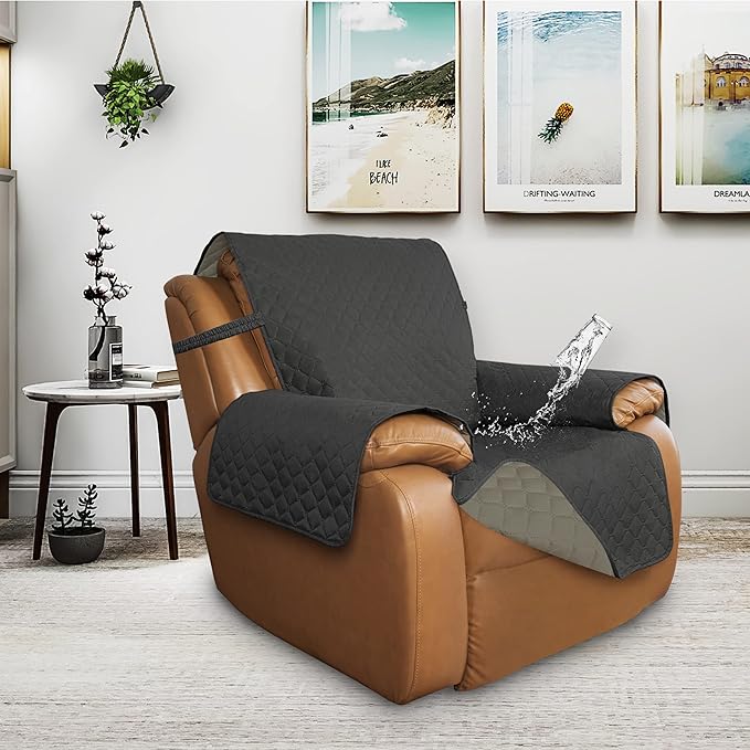 ISSUNTEX Double Protection 100% Waterproof Recliner Covers for Living Room, Reversible Furniture Protector Recliner Couch Sofa Slipcover for Dogs, Pets, Kids (Oversized Recliner, Dark Gray/Beige)