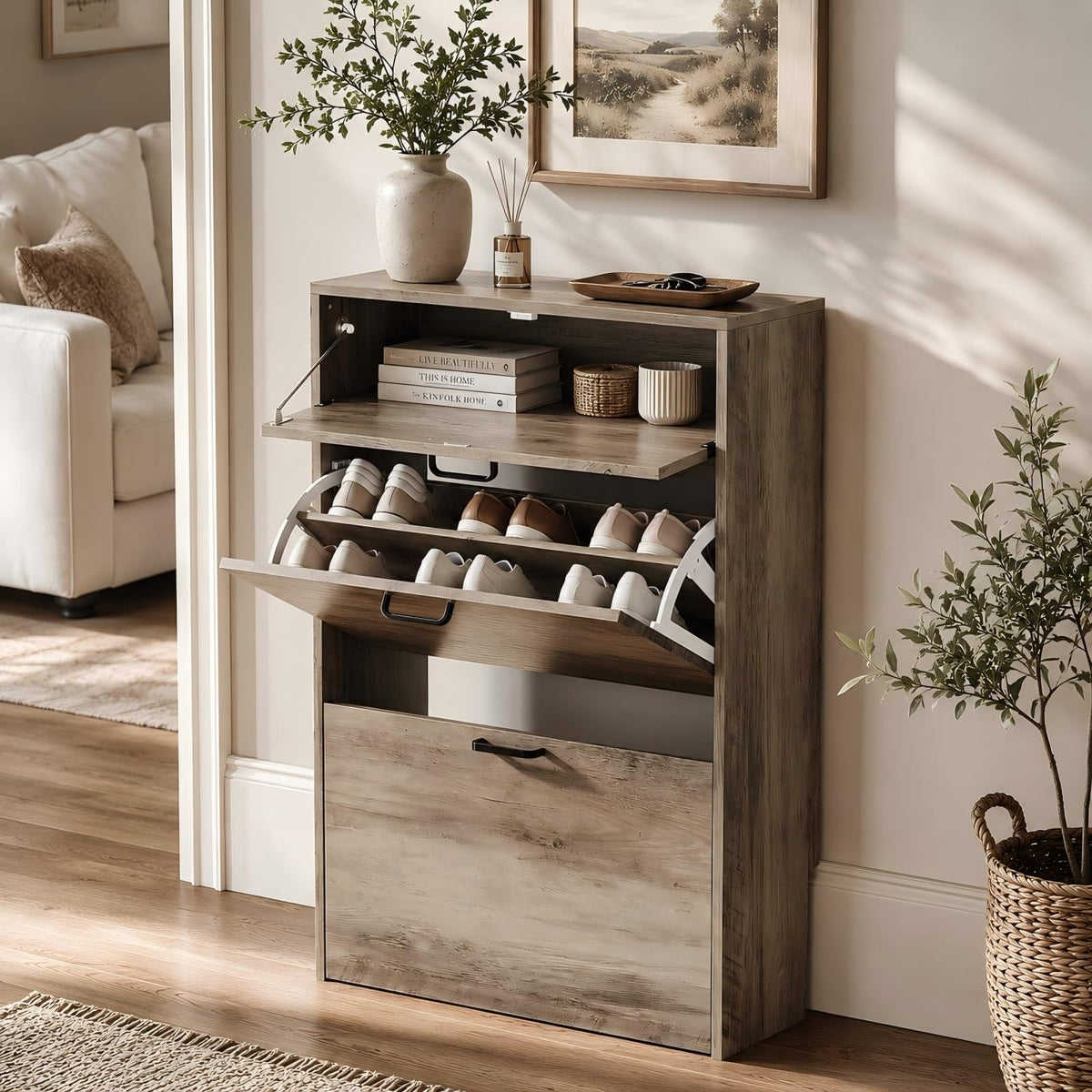 VINGLI Shoe Cabinet Storage for Entryway,Washed Grey Narrow Shoe - Image 1