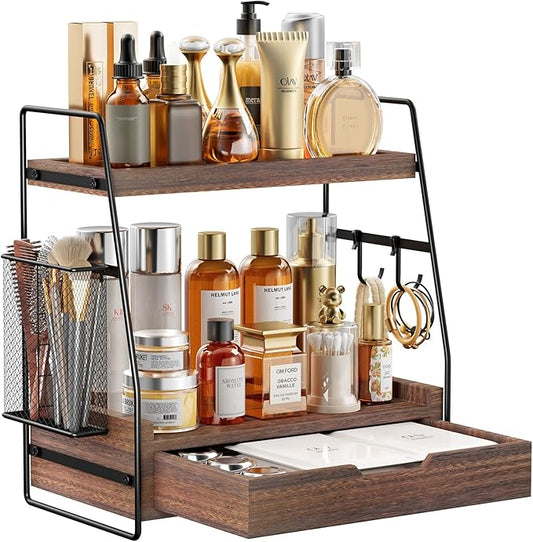 2 Tier Bathroom Counter Organizer Wood - Tiered Bathroom Countertop Shelf with Drawer, Removable Basket & 2 Hooks, Makeup Vanity Organizer for Skincare Perfume Toiletries, 13'' Rustic