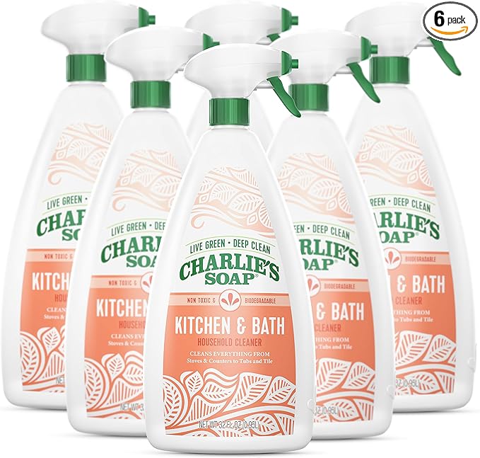Charlie's Soap Kitchen & Bath Household Cleaner Spray (32 Fl. Oz., 6 Pack) Natural Kitchen and Bathroom Multi-Surface Cleaner – Non-Toxic and Biodegradable