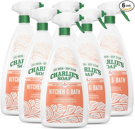 Charlie's Soap Kitchen & Bath Household Cleaner Spray (32 Fl. Oz., 6 Pack) Natural Kitchen and Bathroom Multi-Surface Cleaner – Non-Toxic and Biodegradable