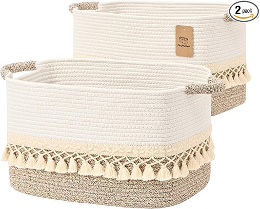 2 Pack Storage Basket for Shelves, Boho Cotton Rope Storage Bins with Heavy Tassel, Shelf Baskets Large Woven Baskets for Organizing, Cube Organizer Bins, Baby Laundry Basket for Clothes, Toys, Pets