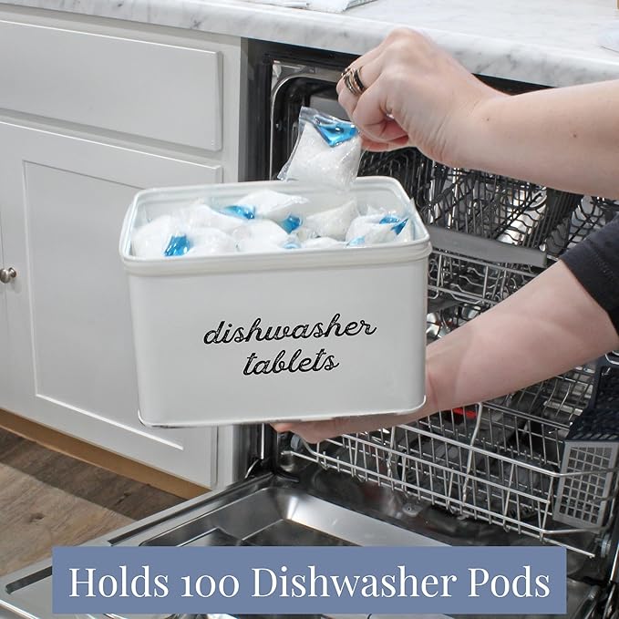 AuldHome Design Dishwasher Pod Holder, Tablet Container; White Enamelware Rustic Kitchen Storage Tin w/Lid