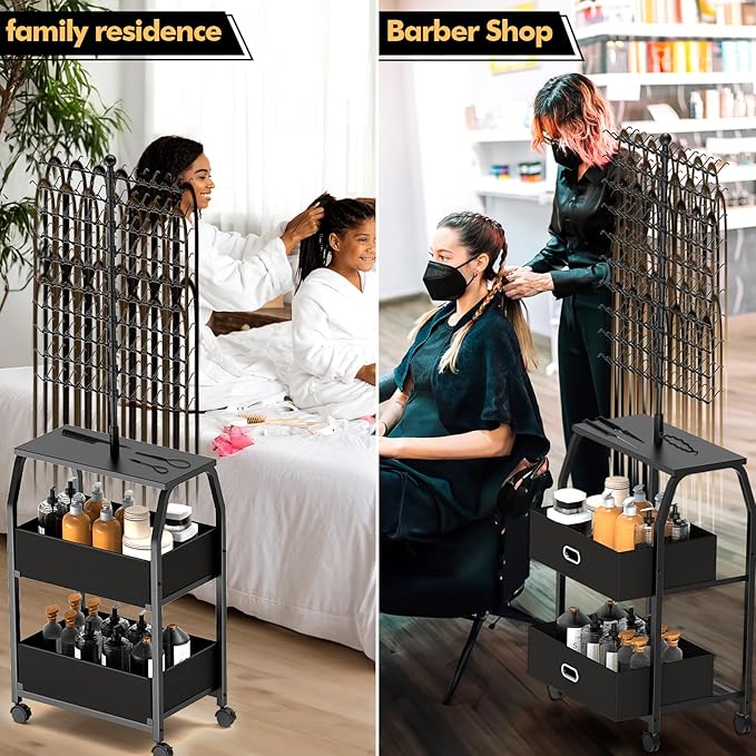 Portable Braiding Hair Rack with Wheels & Storage Drawers,280 Pegs Hair Extension Holder Hanger for Braiding Hair Separator Stand Display,Hair Rack with Stylist Hair braiding Tools(Black)