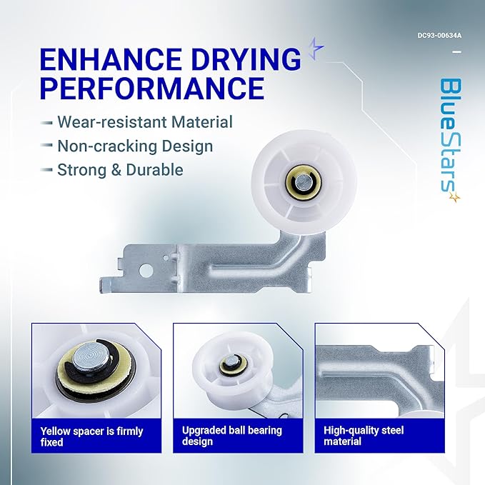 [Upgraded Dual Ball Bearings] BlueStars DC93-00634A Dryer Idler Pulley with Sturdy Clip – Compatible with Samsung Dryers DV45H7000EW DV48H7400EW DV42H5000EW DV48J7700EW DC96-00882C AP4373659