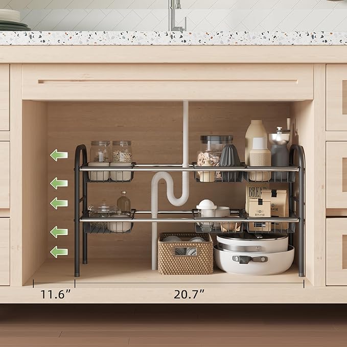 Under Sink Organizers and Storage, 2-Tier Expandable Under Cabinet Organizer Shelf with 8 Baskets, Expandable Shelf for Cupboard, Kitchen, Bathroom, Shoe Storage Rack