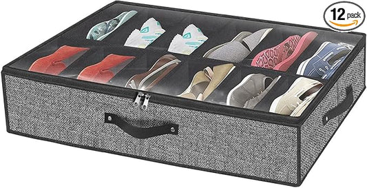 homyfort Under Bed Shoe Storage Organizer Fits 12 Pairs- Underbed Shoe Container Solution Shoes Box Bins with Clear Window for Sneakers,High Heels,Flip Flop(Black)