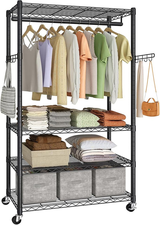 SONGMICS Heavy-Duty Rolling Clothes Rack, Garment Rack, Portable Closet on Wheels, with Adjustable Mesh Shelves and Hanging Rails, Hooks, 15.8 x 35.4 x 78.3 Inches, Ink Black ULGR418BH01