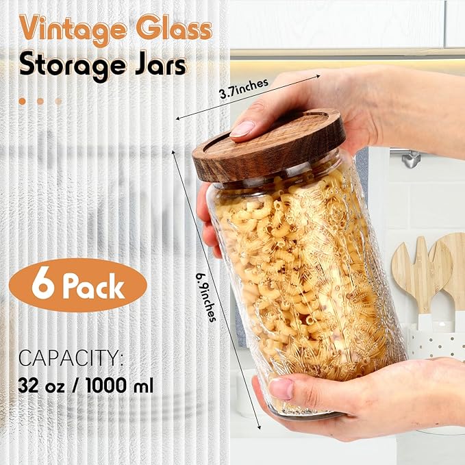 Domensi 6 Pcs Vintage Glass Jars 34 oz Glass Storage Jars with Lids Sunflower Pattern Airtight Storage Containers for Kitchen Counter, Pantry, Coffee Bean, Grains, Tea, Sugar, Flour, Candy, Oats