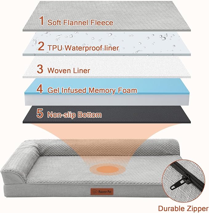 Orthopedic Dog Beds Large Sized Dog, 41x27x6 Inches Memory Foam Pet Bed for Large Dogs, Washable Removable Cover, Nonskid Bottom, Waterproof, Light Grey