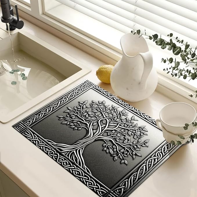 Tree Stove Top Covers Pad 28 x 20 inches Silver Tree of Life Kitchen Decorations Dish Drying Mat Coffee Bar Mats Kitchen Decor Absorbent Pad Fit Coffee Maker Machine Dish Drying