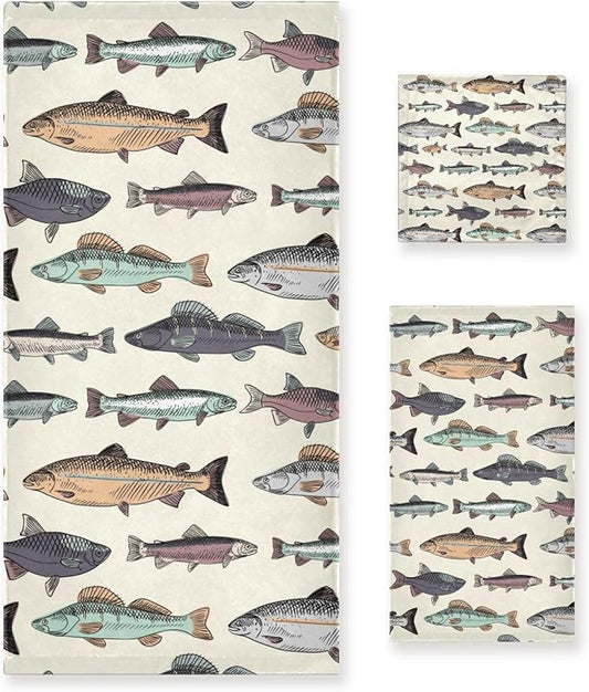 3 Piece Vintage Fishes Bath Towel Set,Microfiber Decorative Colorful Cartoon Carpet Lake Fish Animal Bathroom Towels,1 Bath Towel 1 Hand Towel for Bathroom Kitchen,1 Washcloth for Body Face