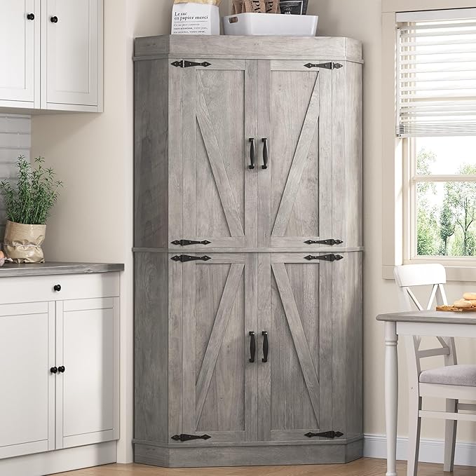Corner Cabinet, Kitchen Pantry Cabinet, Storage Cabinet with 4 Doors and Shelves, Kitchen Cabinet, Pantry Cabinet, Tall Food Pantry Storage Cabinet Farmhouse Furniture for Kitchen Dining Room, Grey