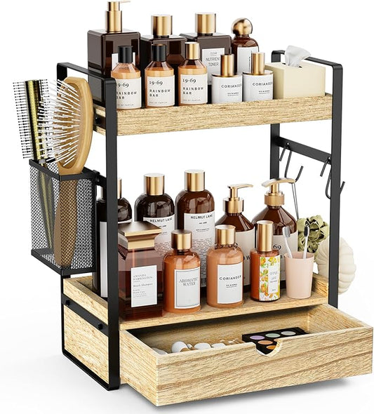 2-Tier Bathroom Counter Organizer with Drawer Basket and Hooks, Wood Bathroom Organizers and Storage for countertop, Farmhouse Brown Countertop Organizer, Counter Shelf for Vanity, Kitchen, Office