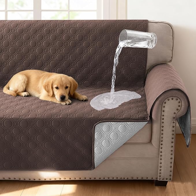 H.VERSAILTEX 100% Waterproof Couch Cover for Dogs Washable Thick Soft Chair Covers with Storage Pocket Non Slip Furniture Protector with Elastic Straps(Chair, Brown)