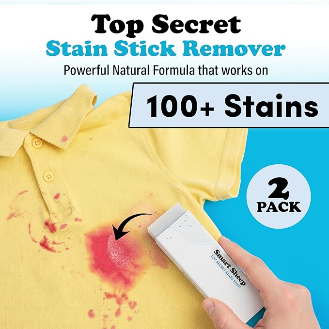 2 Pack Stain Stick - Stain Remover Bar for Clothes by Smart Sheep - Powerful Laundry Stain Remover - Formulated w/Natural Ingredients - Perfect for Food Drink Pet Grass & Blood Stains