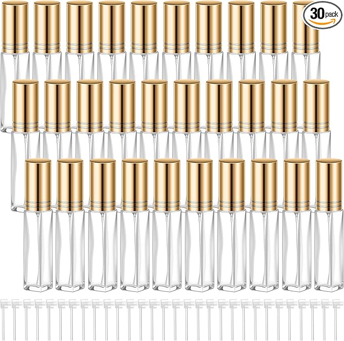 Domensi 30 Pcs 8 ml Empty Glass Perfume Bottles Bulk - Gold Refillable Cologne Spray Atomizer with Pump, for Travel, Skincare, Haircare, Cleaning & DIY Essentials