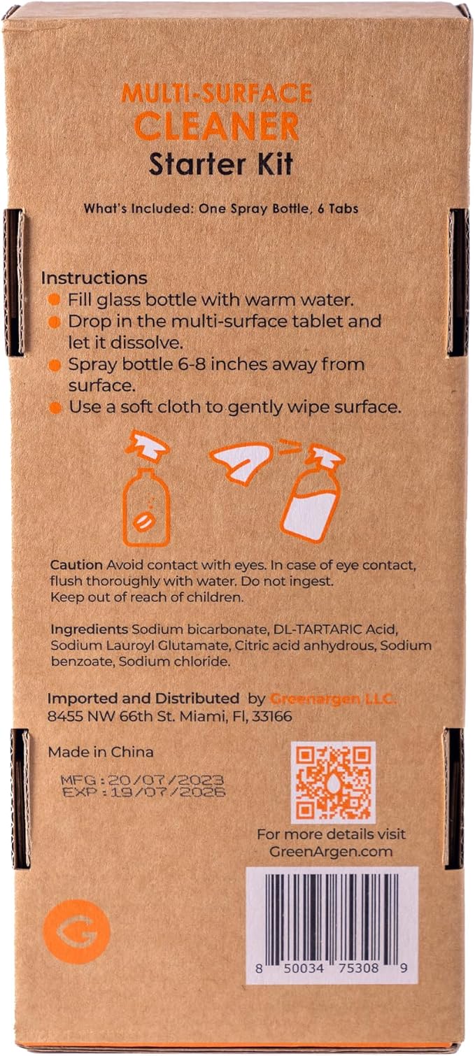 Multi-Surface Cleaner Starter Kit | Refillable Glass Spray Bottle + 6 Water-Soluble Tabs