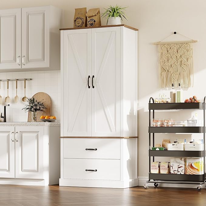 IDEALHOUSE Kitchen Pantry Storage Cabinet with Barn Doors, Drawer, and 2 Adjustable Shelves, Freestanding Tall Hutch with Microwave Stand for Kitchen, Dining Room, White