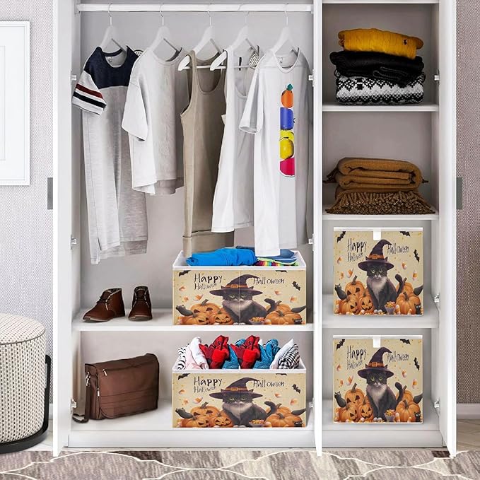 Bolaz A Stylish Cat in A Witch Hat Surrounded by Pumpkins Closet Organizers Storage Cubes Storage Bins Shelf Baskets Containers for Home Room Office,Square