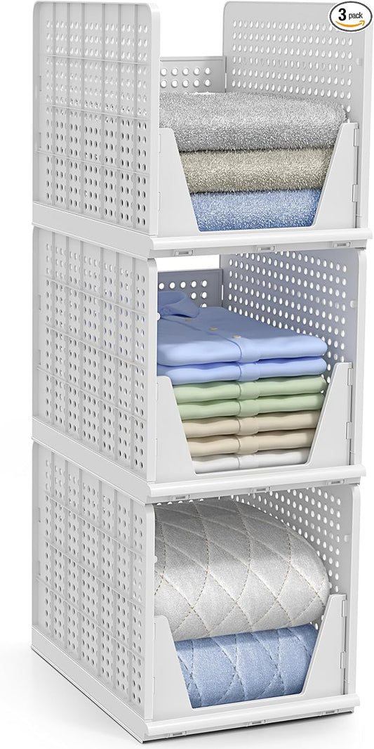 Sorbus Stackable Shelf Organizer Baskets – Plastic Closet Organizer for Clothes, Pantry, Bathroom, Kitchen & Garage – Open Front Storage Bins for Cabinets, Countertops & Under Shelf Organization