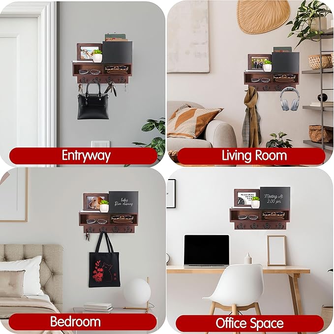 Spacelog Key and Mail Holder for Wall with Chalkboard – Magnetic Photo Frame Key Holder Wall Mount, Dark Walnut, Dual Storage & Cupboards Mail and Key Organizer for Wall