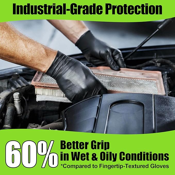TREEGO Black Nitrile Gloves 10 Mil Heavy Duty Rubber Gloves - Raised Diamond Texture Grip for Mechanics & Industrial Work - Latex Free Disposable Gloves in Medium, 50 Count