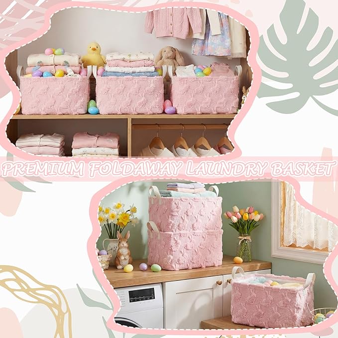 Kathfly Pink Rabbit Storage Baskets Easter Bunny Laundry Basket Plush Faux Fur Jacquard Design with Handles Waterproof Storage Bins Fabric Shelf Baskets for Easter Party Decorations