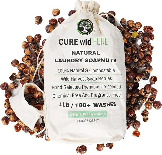 Cure Wid Pure Organic Soap Nuts Deseeded 1lb/450g With 2 Wash Bag Approx 180 Loads,Eco-friendly Soap Nuts Laundry Detergent,Chemical & Fragrance-free Organic Soap Berries Non-toxic Laundry Detergent