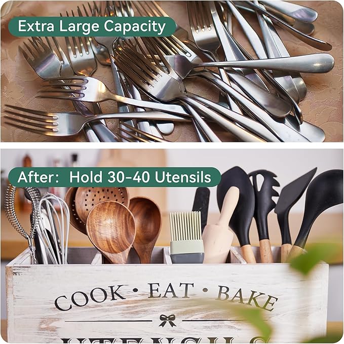 Utensil holder for Kitchen Counter Large Round Utensils Holder with Wooden Base Matte Black Cooking Utensil Holder，Kitchen countertop Utensil Organize (White-4 Compartments)