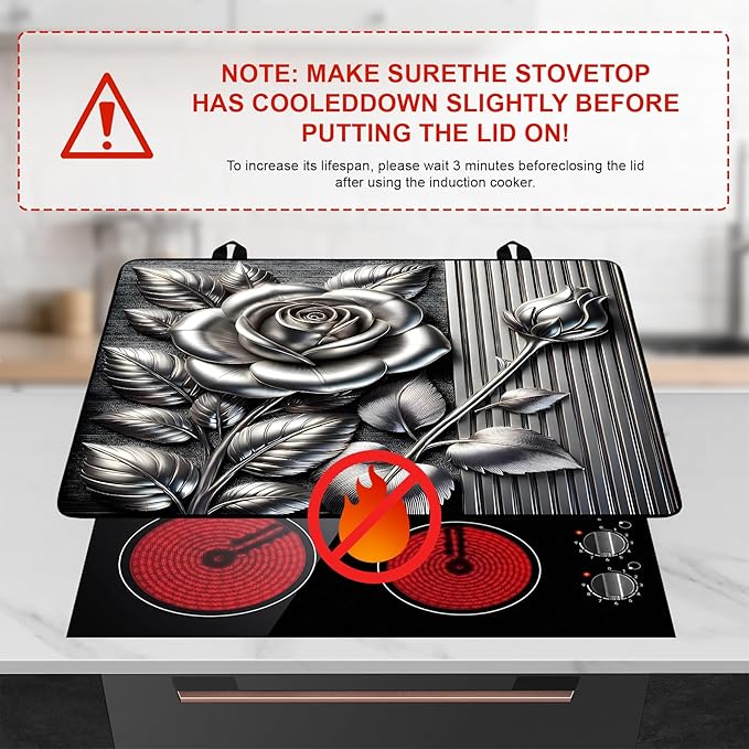 Silver Rose Stove Top Cover Retro Flower Gas Stove Top Cover for Home Decoration Kitchen Pad Non-Stick Washable Cooktop Covers Countertop Protector Keep Stove Clean 28"x20"