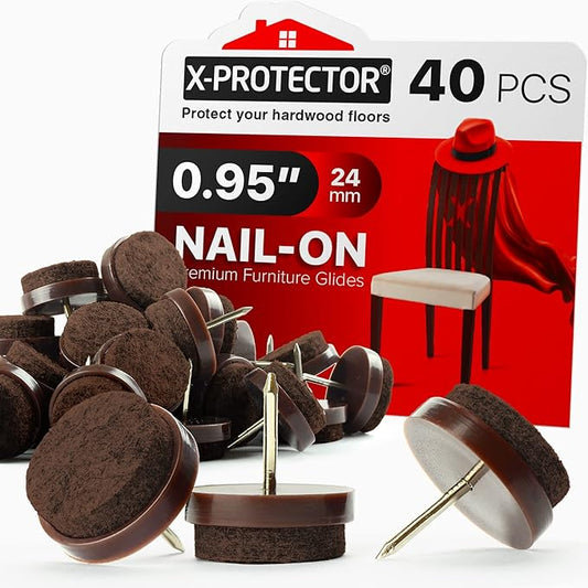 Nail-on Felt Pads X-PROTECTOR 40 PCS - 0.95" Felt Furniture Pads - Brown Chair Leg Floor Protectors - Nail in Furniture Pads for Furniture Legs - The Best Felt Chair Pads for Hardwood Floors (24mm)!