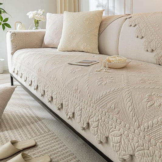 Cotton Quilted Dog Couch Cover for Sofa Farmhouse Rustic Embroidery Sectional Couch Cover Soft Anti-Slip Sofa Slipcover Furniture Protector for Kids, Pets (Khaki,43"x94")