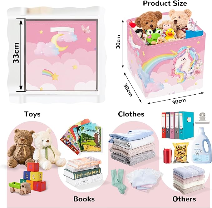Clastyle Pink Unicorn Rainbow Kid Storage Basket Set Foldable Closet Clothes Organizer Nursery Toddler Toy Bin Girl Book Shelf Basket, Cloud, 11.8x11.8x11.8 in